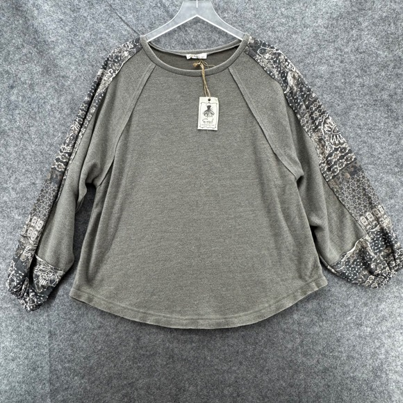 Easel Womens Top Paisley Camo Sleeve Pullover Blouse Size M Olive Green Boho - Picture 2 of 11